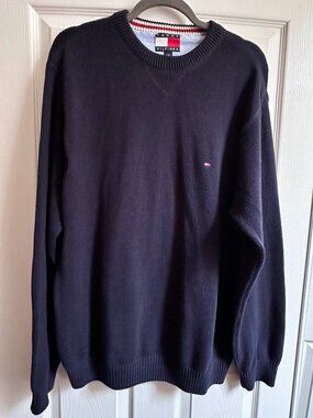 VTG Tommy Hilfiger Men's Large Navy Blue Crew Neck Sweater 100% Cotton Preppy